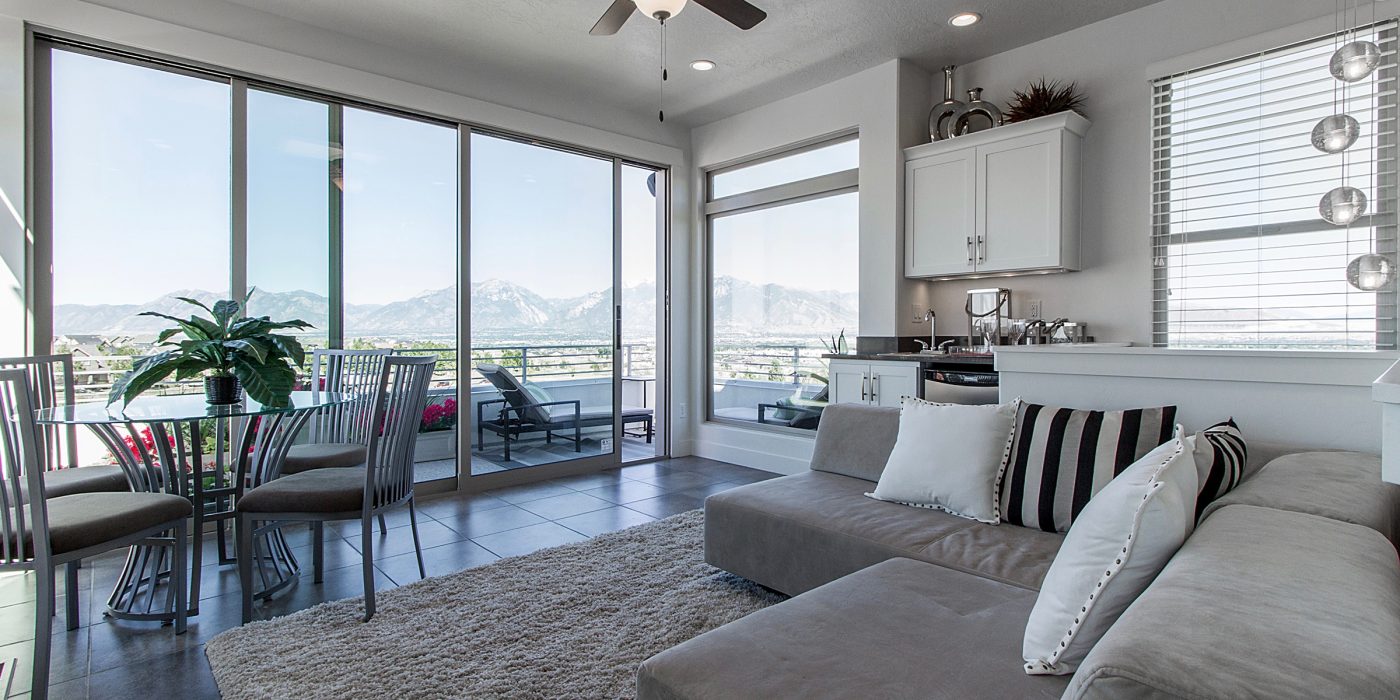 Living room of Daybreak model home with view