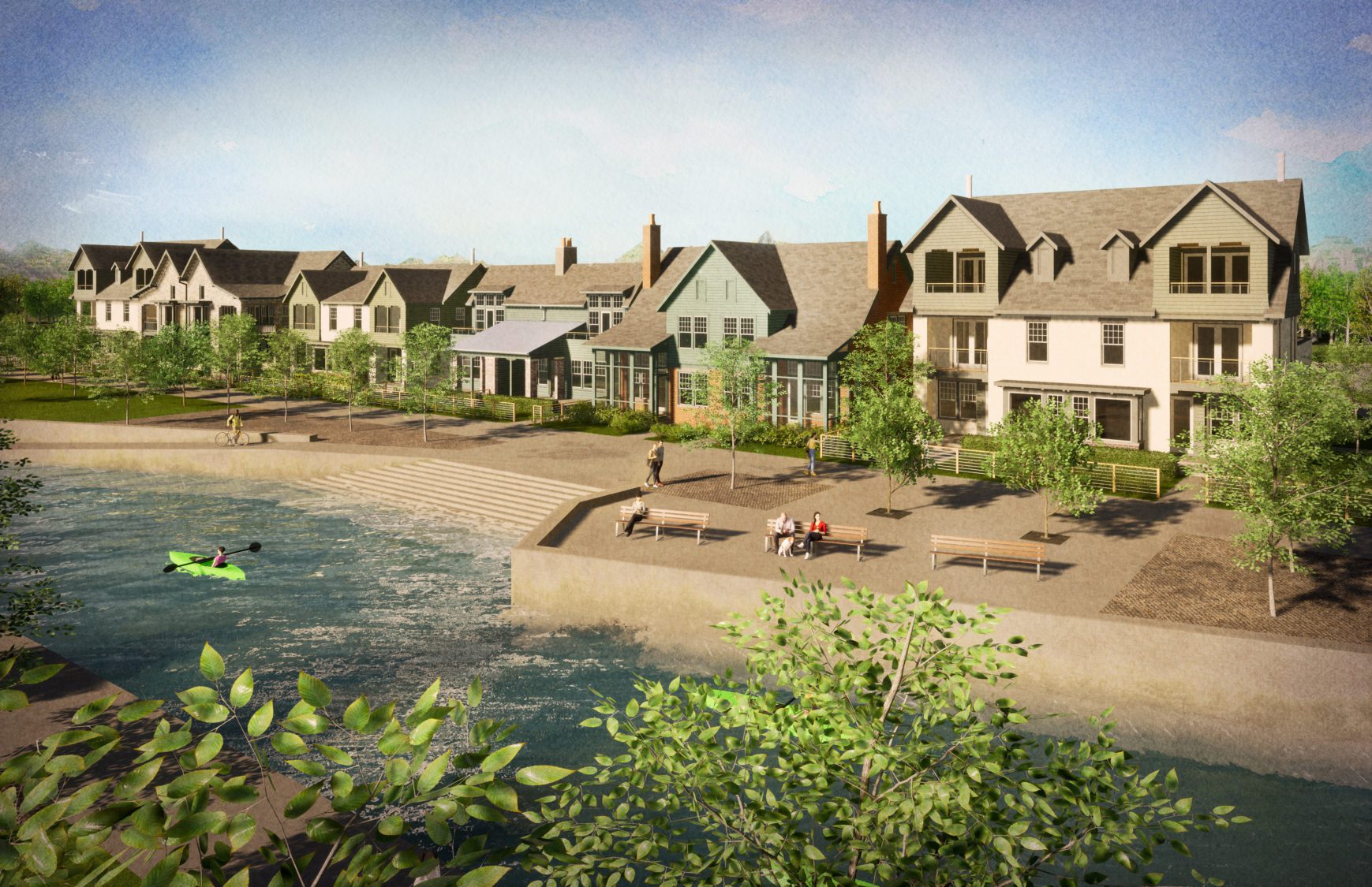 Rendered elevation of Paired Villas community with waterfront property
