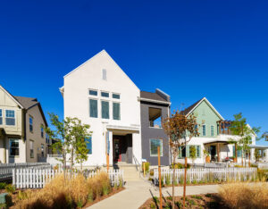 Modern suburban houses from the Contempo Collection feature white fences and green lawns under a clear blue sky, reminiscent of a serene Daybreak.