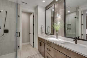 A modern bathroom features a double sink vanity with a plant, large mirrors, a glass-enclosed shower, and a textured accent wall.