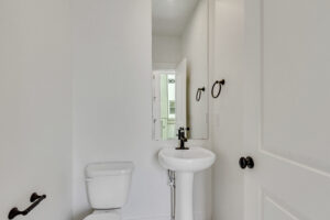 A small bathroom with a pedestal sink, toilet, and a mirror captures the serene vibe of Lake West. The white walls adorned with black hardware accents echo calm waters and pristine shores.