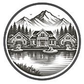 A black and white illustration of three houses by a lake, surrounded by pine trees, with mountains in the background and birds flying in the sky.